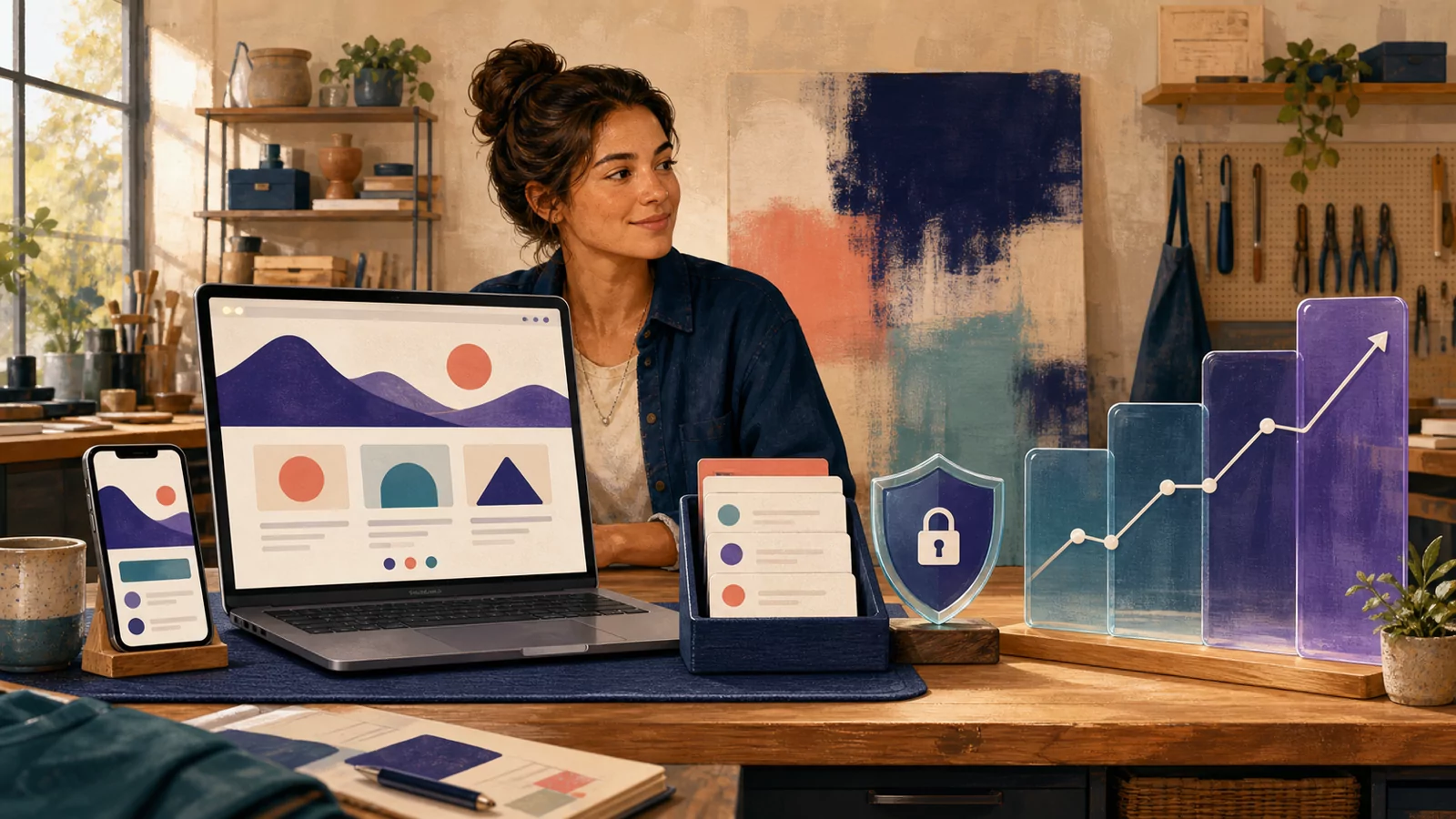 A small-business owner manages a website, customer inquiries, security, and analytics from one organized workspace